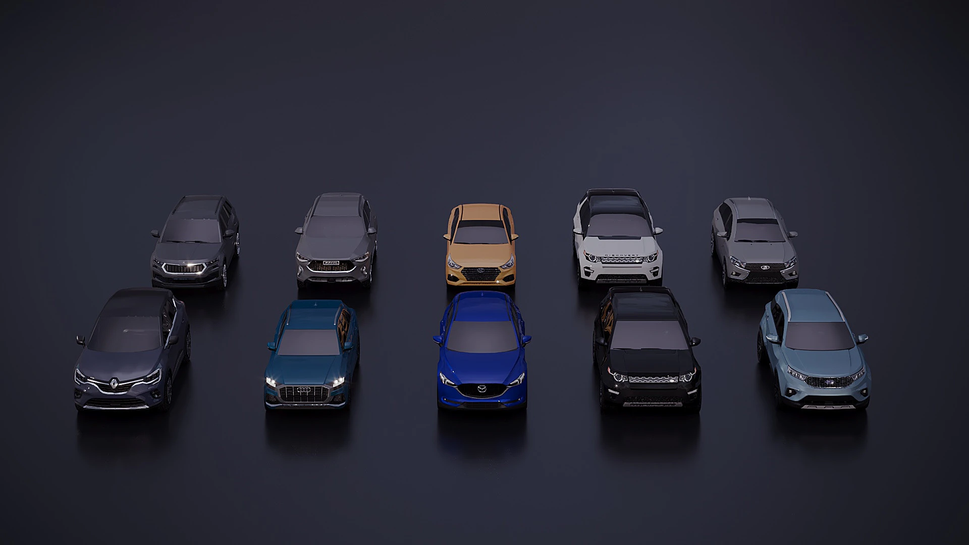 Low poly car assembly x 10 3D Model .c4d .max .obj .3ds .fbx .stl .blend