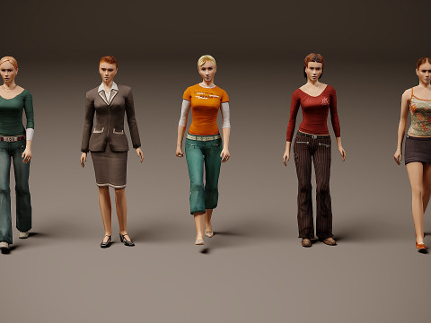 歩く女性×5 3Dモデル