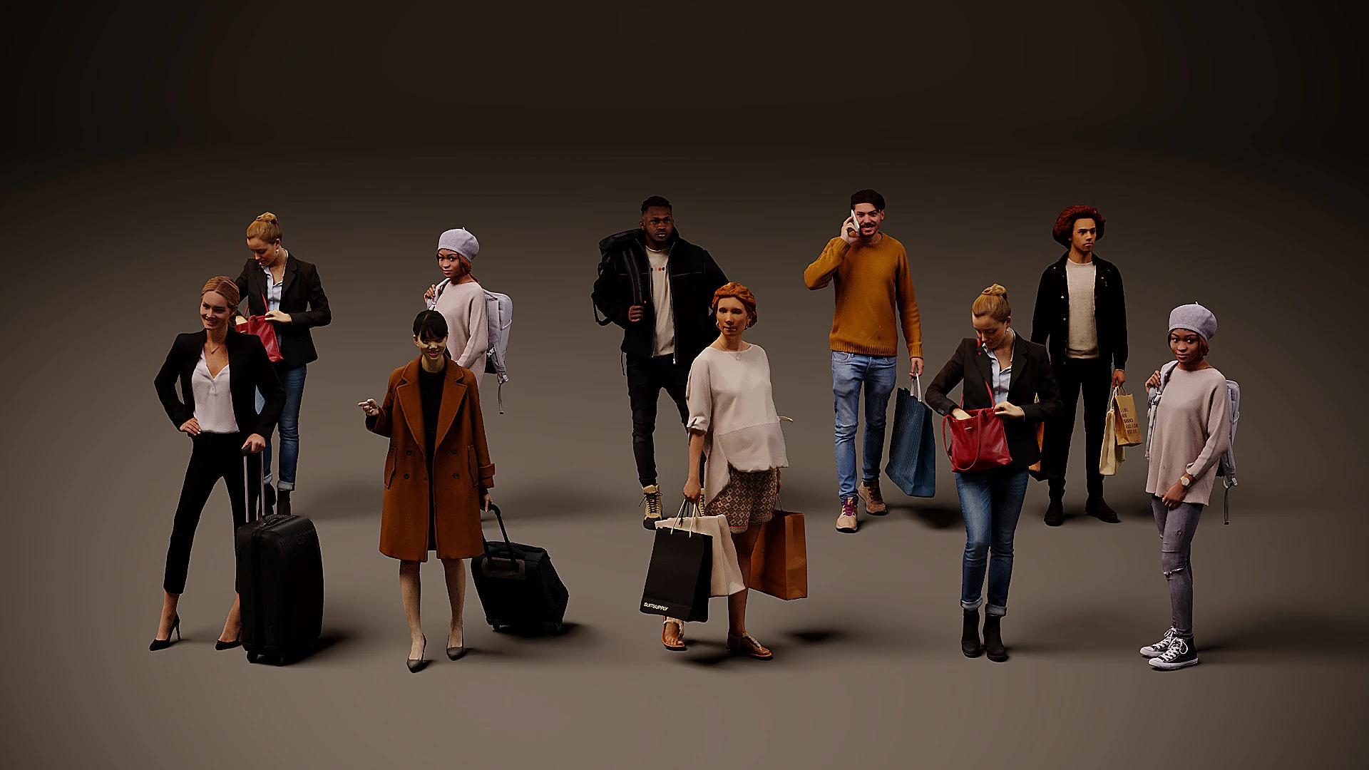 People with bags x 10 00 3D Model .c4d .max .obj .3ds .fbx .stl .blend