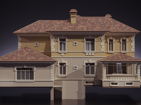 खपरैल की छत वाला दो मंजिला मकान 3D मॉडल