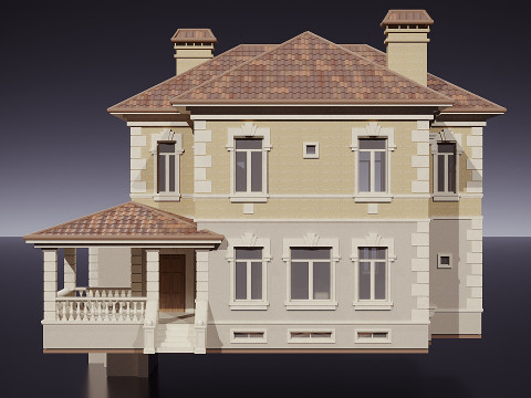 खपरैल की छत वाला दो मंजिला मकान 3D मॉडल
