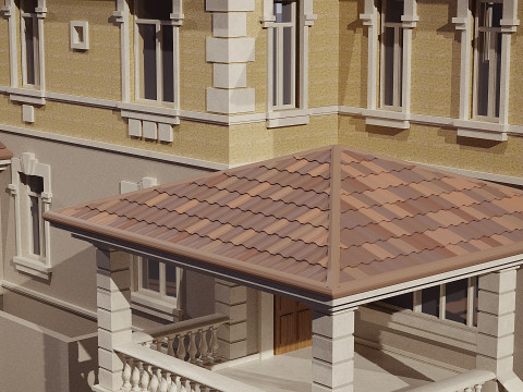 खपरैल की छत वाला दो मंजिला मकान 3D मॉडल