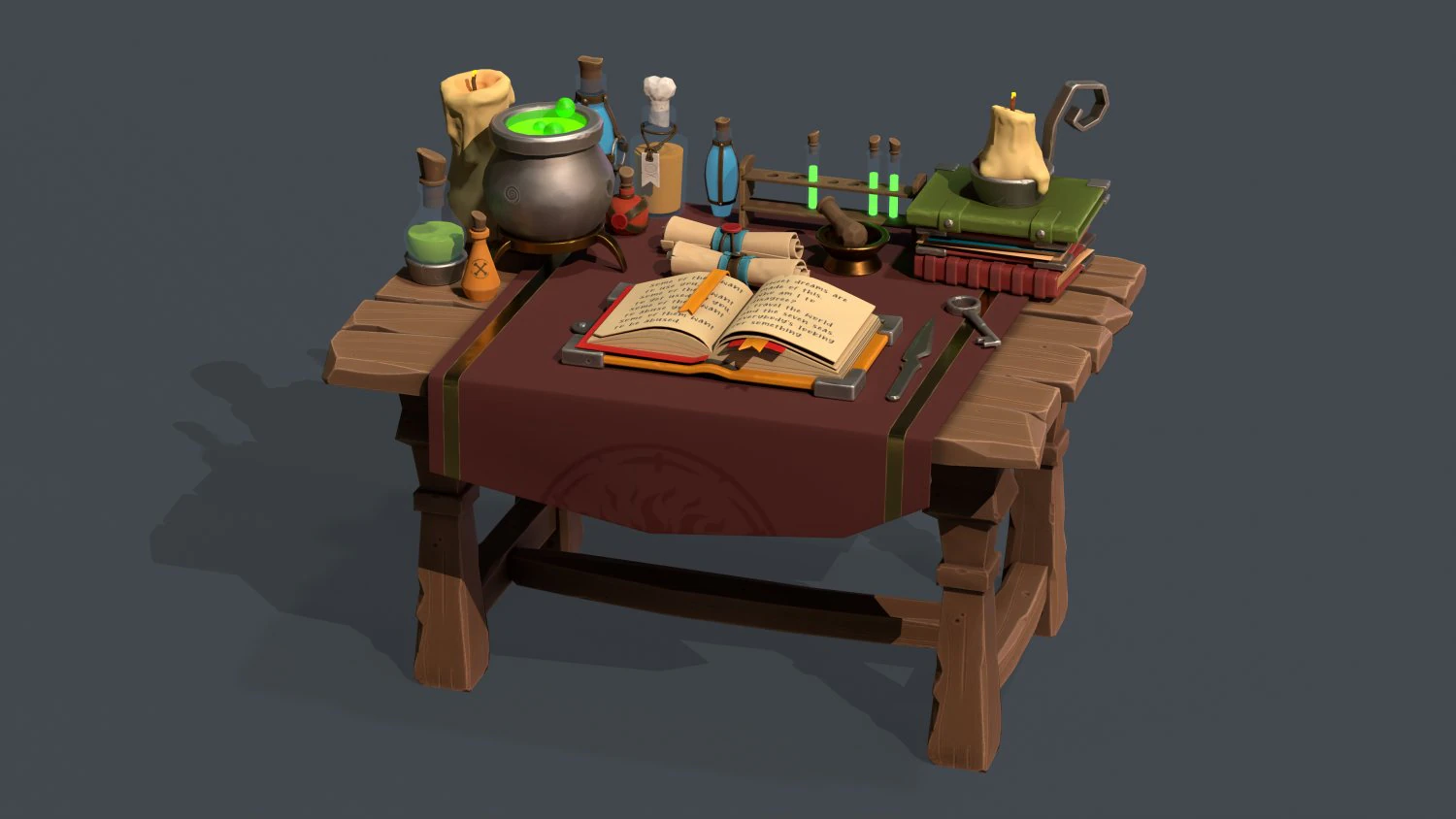 Stylized Alchemy Table Low Poly Game Ready PBR 3D Model .c4d .max .obj .3ds .fbx .stl .blend 