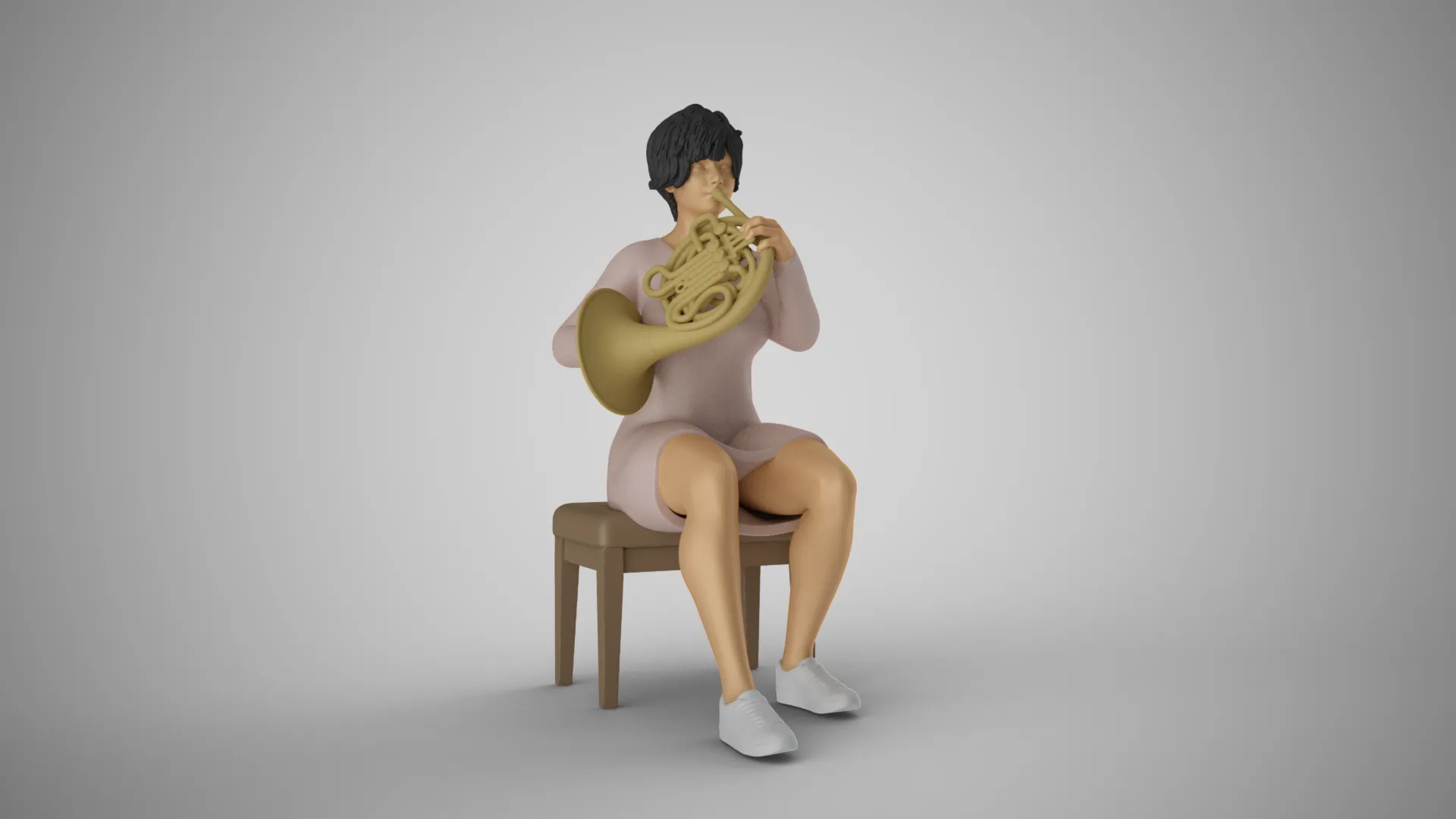 Suonatrice di corno francese donna Modello di stampa 3D .c4d .max .obj .3ds .fbx .stl .blend 