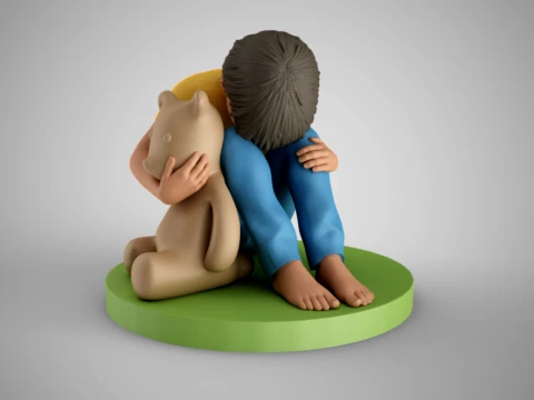 Sad Boy Head on Knees 3D Print Model