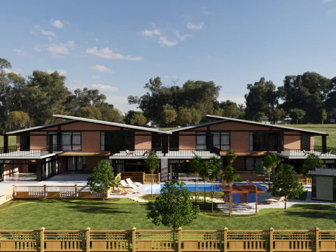 Modern Twin Villas with Swimming Pool 3d scene 3D Model