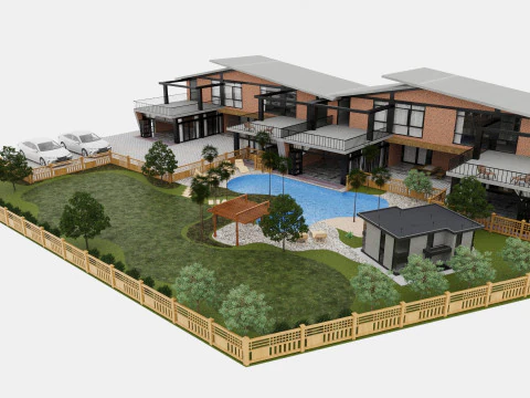 Modern Twin Villas with Swimming Pool 3d scene 3D Model