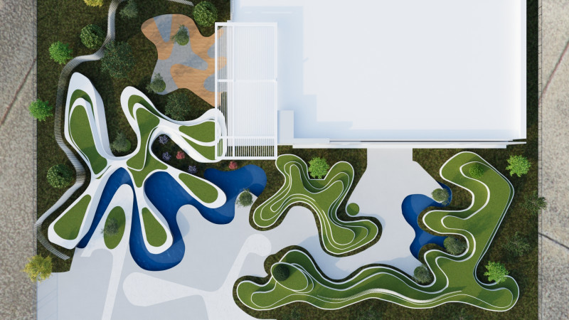 Modern Building with Landscaped Garden 3D मॉडल .c4d .max .obj .3ds .fbx .stl .blend 