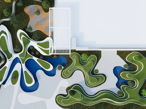 Bangunan Modern dengan Taman Lansekap Model 3D