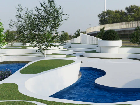 Modern Building with Landscaped Garden 3D Model