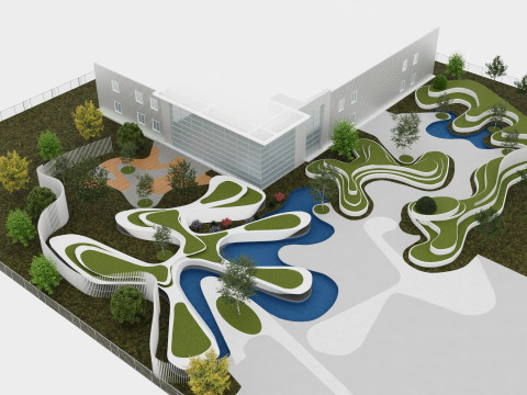 Modern Building with Landscaped Garden 3D मॉडल