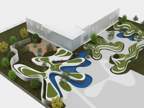 Modern Building with Landscaped Garden 3D Model