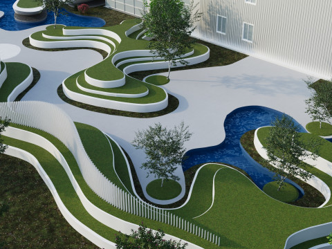 Modern Building with Landscaped Garden 3D मॉडल
