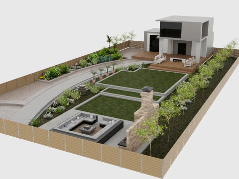 Backyard Fire Pit Patio Set 3D Model