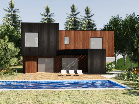 Casa contempor&acirc;nea com terra&ccedil;o &agrave; beira da piscina Modelo 3D