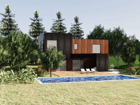 Casa contempor&acirc;nea com terra&ccedil;o &agrave; beira da piscina Modelo 3D