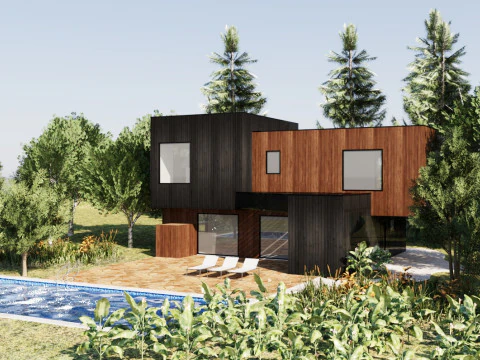 Casa contempor&acirc;nea com terra&ccedil;o &agrave; beira da piscina Modelo 3D