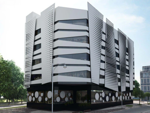 Escena exterior 3D de edificio comercial. Modelo 3D