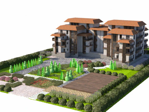 花园环境郁郁葱葱的住宅小区 3D 模型