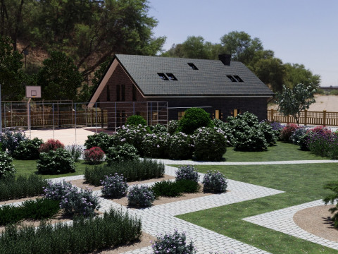 Highly detailed 3d scene of two Houses with garden landscape 3D 模型