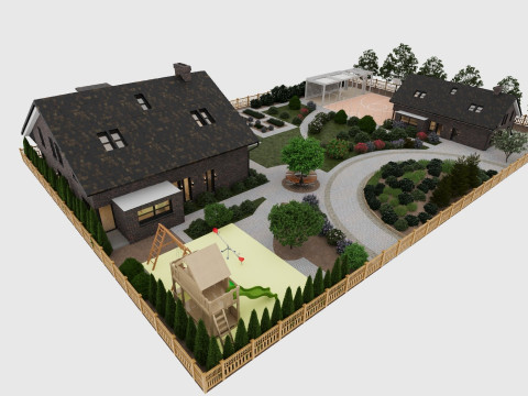 Highly detailed 3d scene of two Houses with garden landscape 3D 模型