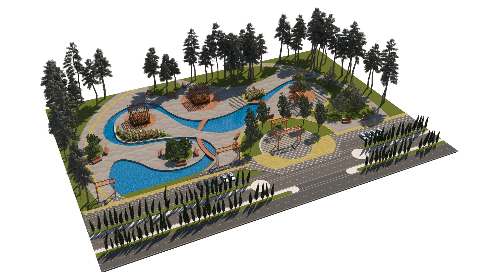Dynamic Urban Park with Winding Water Features 3D Model .c4d .max .obj .3ds .fbx .stl .blend 