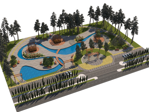 Dynamic Urban Park with Winding Water Features Modelo 3D