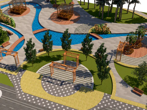 Dynamic Urban Park with Winding Water Features 3D Model