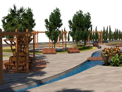 Dynamic Urban Park with Winding Water Features 3D Model