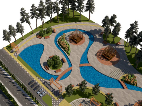 Dynamic Urban Park with Winding Water Features 3D Model