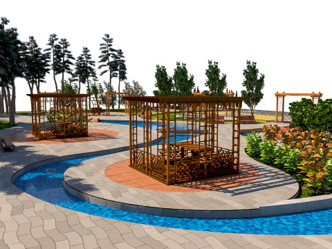 Dynamic Urban Park with Winding Water Features 3D Model
