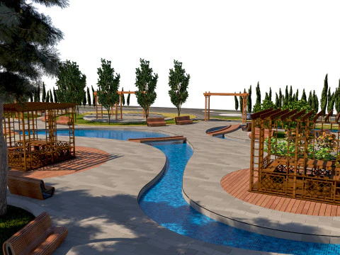 Dynamic Urban Park with Winding Water Features 3D Model