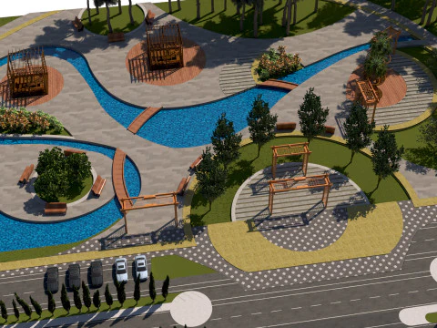 Dynamic Urban Park with Winding Water Features 3D Model