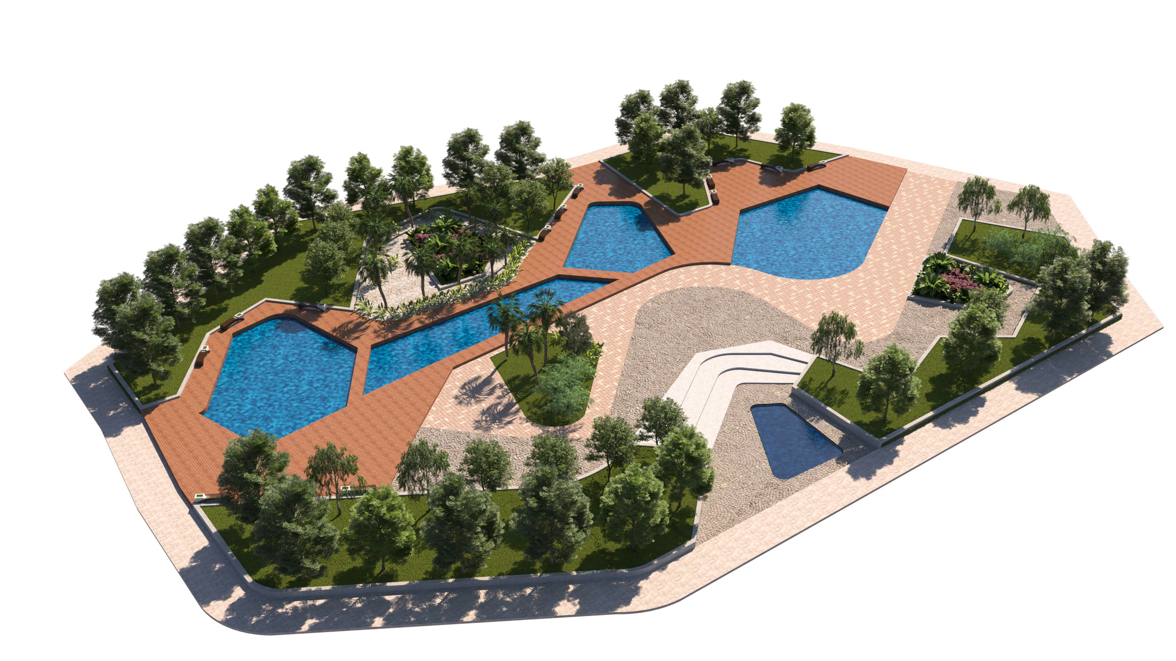 Urban Park with Water Features 3D Model .c4d .max .obj .3ds .fbx .stl .blend