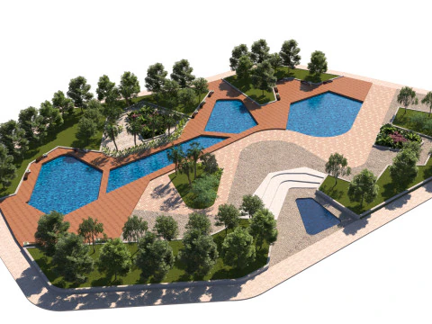 Городской парк с водными объектами 3D Модель