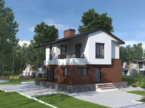 Bardzo szczeg&oacute;łowa scena 3D nowoczesnego domu z krajobrazem ogrodowym Model 3D