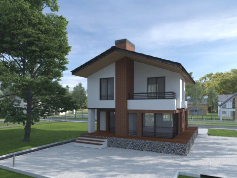 Высокодетализированная 3D-сцена современного дома с садовым ландшафтом 3D Модель