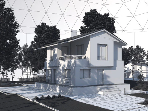 Высокодетализированная 3D-сцена современного дома с садовым ландшафтом 3D Модель