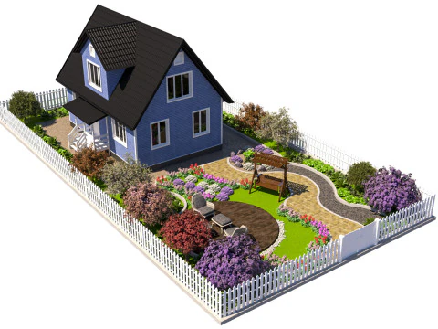 Charmosa casa suburbana com jardim paisagístico Modelo 3D