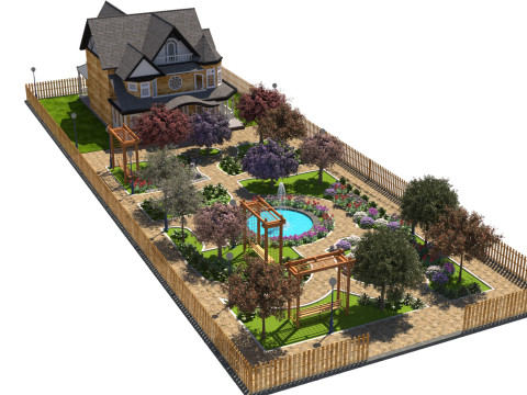 Grand Victorian House Elaborate Garden Landscape 3D Модель