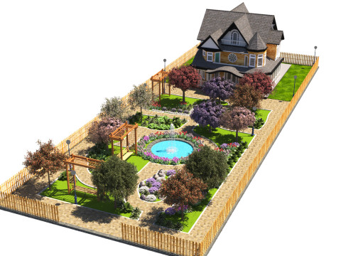 Grand Victorian House Elaborate Garden Landscape 3D Модель