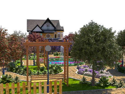 Grand Victorian House Elaborate Garden Landscape 3D Модель