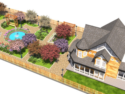 Grand Victorian House Elaborate Garden Landscape 3D Модель
