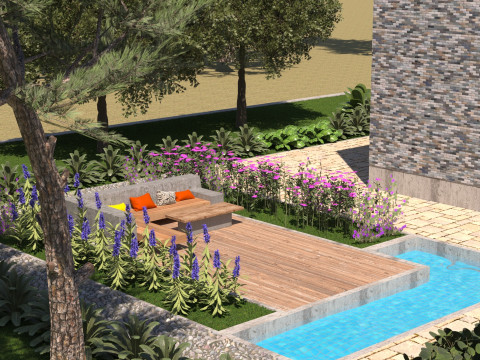 Modern Stone Wood Luxury Villa with Pool full 3d scene Model 3D