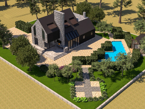 Modern Stone Wood Luxury Villa with Pool full 3d scene Model 3D