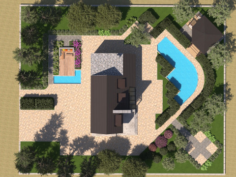 Modern Stone Wood Luxury Villa with Pool full 3d scene Model 3D