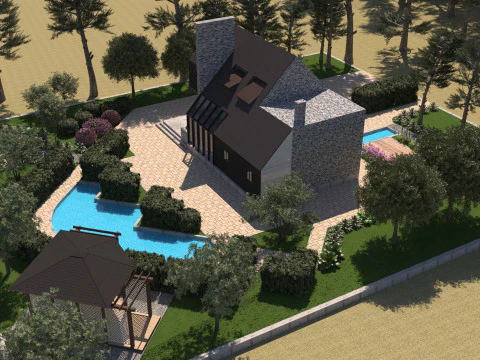 Modern Stone Wood Luxury Villa with Pool full 3d scene 3D Model