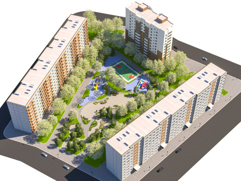 Spielbereiter moderner Wohnblock-Innenhof 3D Modell