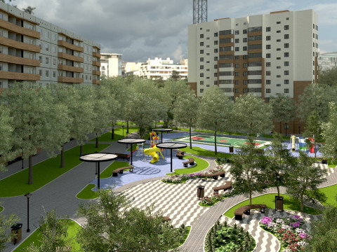 Patio de bloque residencial moderno listo para jugar Modelo 3D