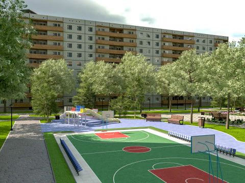 Готовый к игре двор современного жилого квартала 3D Модель